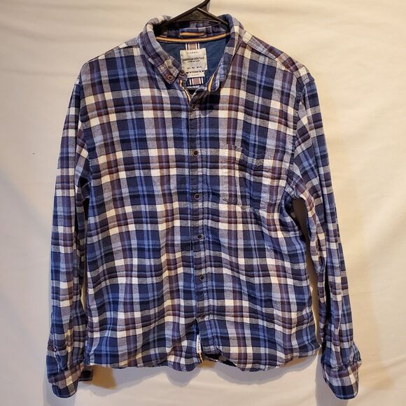 American Heritage Flannel Shirt Mens Large Slim Fit Button Down Plaid Blue Brown - Picture 3 of 10